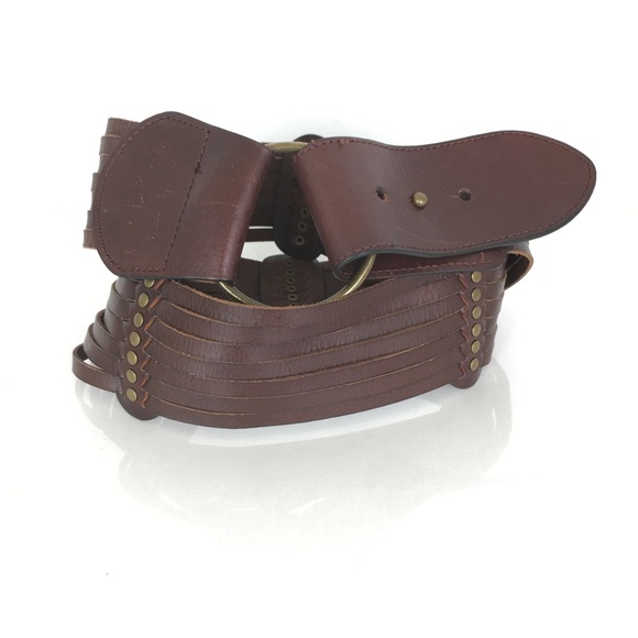 Boho Wide Corset Leather Statement Belt Brown Brass Studs Coldwater Creek Sz L - Picture 2 of 10